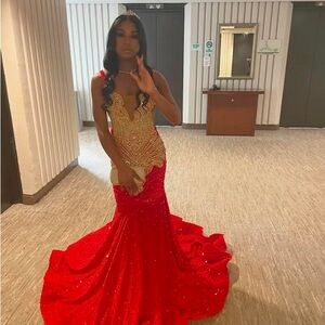 Elegant Red and Gold Evening Gown